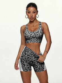 Slayform Women Leopard Print Camisole And Shorts Sports Set - Black - View 2