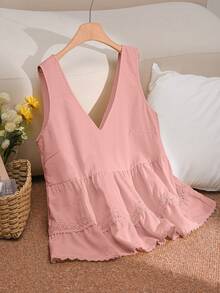 CosyJoli Plus Size Women Casual Lace Trim Sleeveless Blouse - Pink - View 1