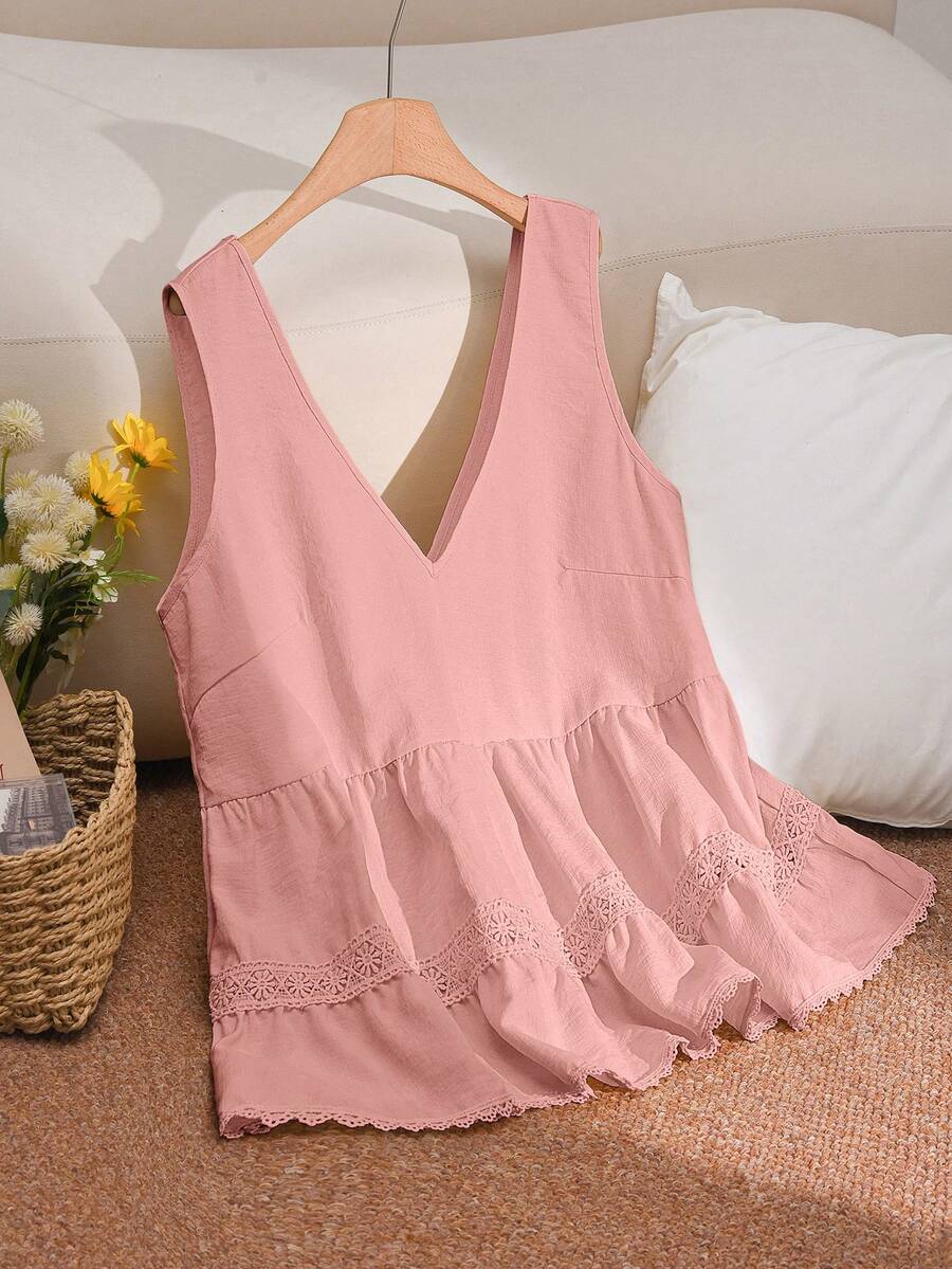 CosyJoli Plus Size Women Casual Lace Trim Sleeveless Blouse - Pink - View 1