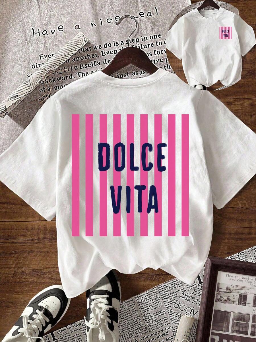 EMERY ROSE Women's Letter Striped Round Neck Short Sleeve Casual Versatile T-Shirt - White - View 1