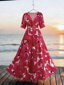 Selianne Elegant Women's Pink Floral Print V-Neck Ruffle Short Sleeve Maxi Dress, Casual Vacation Beach Dress For Summer Daily Outing, Dating, Party, Dining, Ombre Pink Floral Print Waist Design Dress - Red - View 1