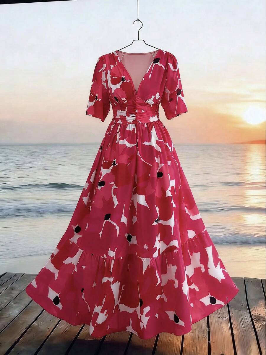 Selianne Elegant Women's Pink Floral Print V-Neck Ruffle Short Sleeve Maxi Dress, Casual Vacation Beach Dress For Summer Daily Outing, Dating, Party, Dining, Ombre Pink Floral Print Waist Design Dress - Red - View 1