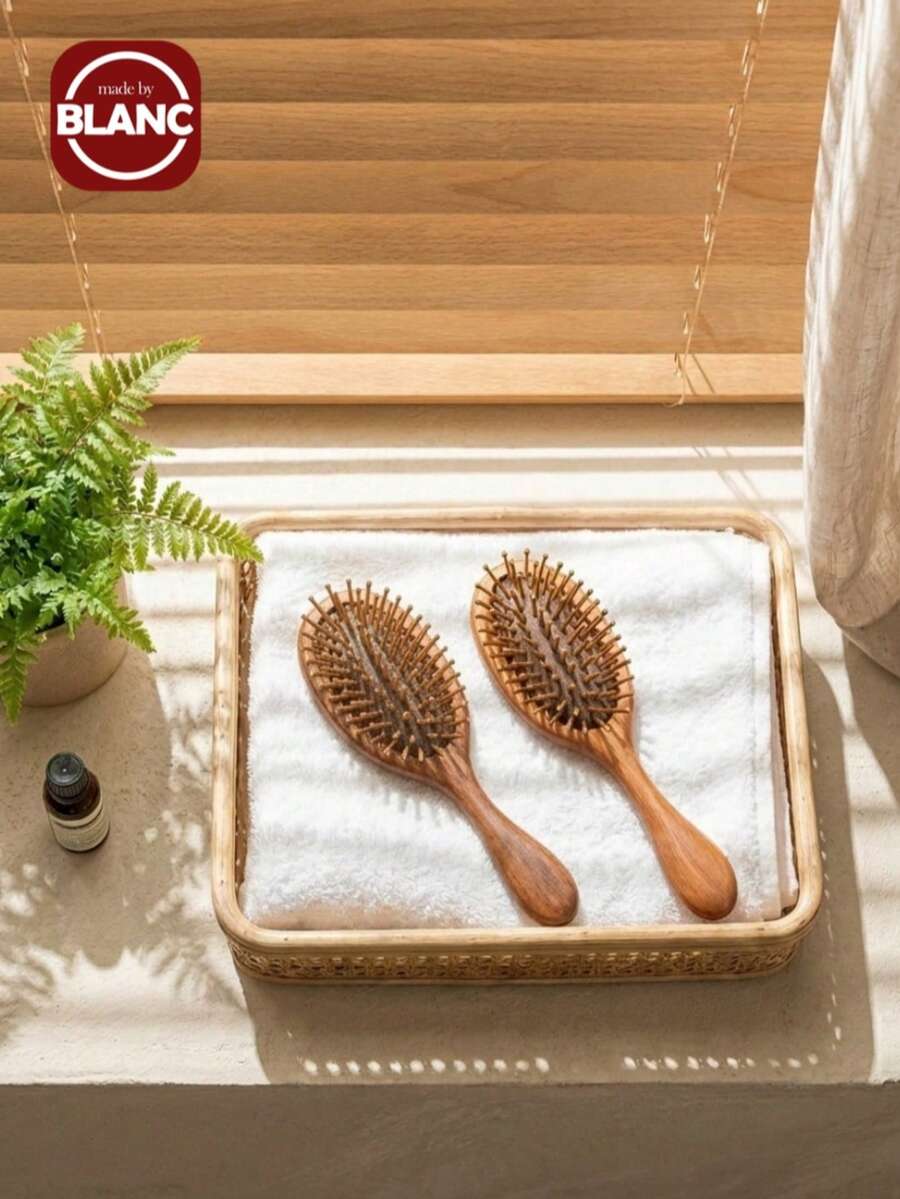 Madebyblanc 1个气垫按摩顺发梳，新款中式天然木纹桨式梳，气垫梳，女士家用日常旅行礼品梳，女士顺发梳，头皮按摩器，木梳 - 彩色 - 查看 1