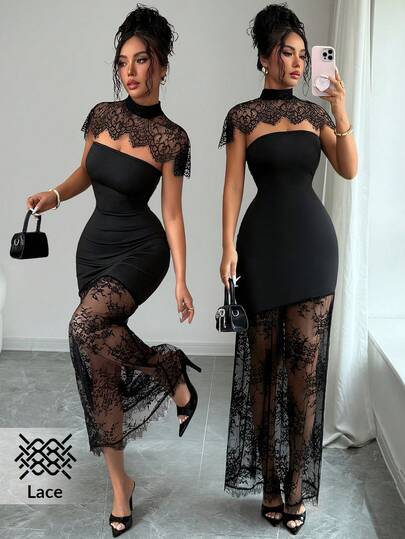 SHEIN Elenzya 女士蕾丝拼接立领修身连衣裙，适合派对和各种场合
