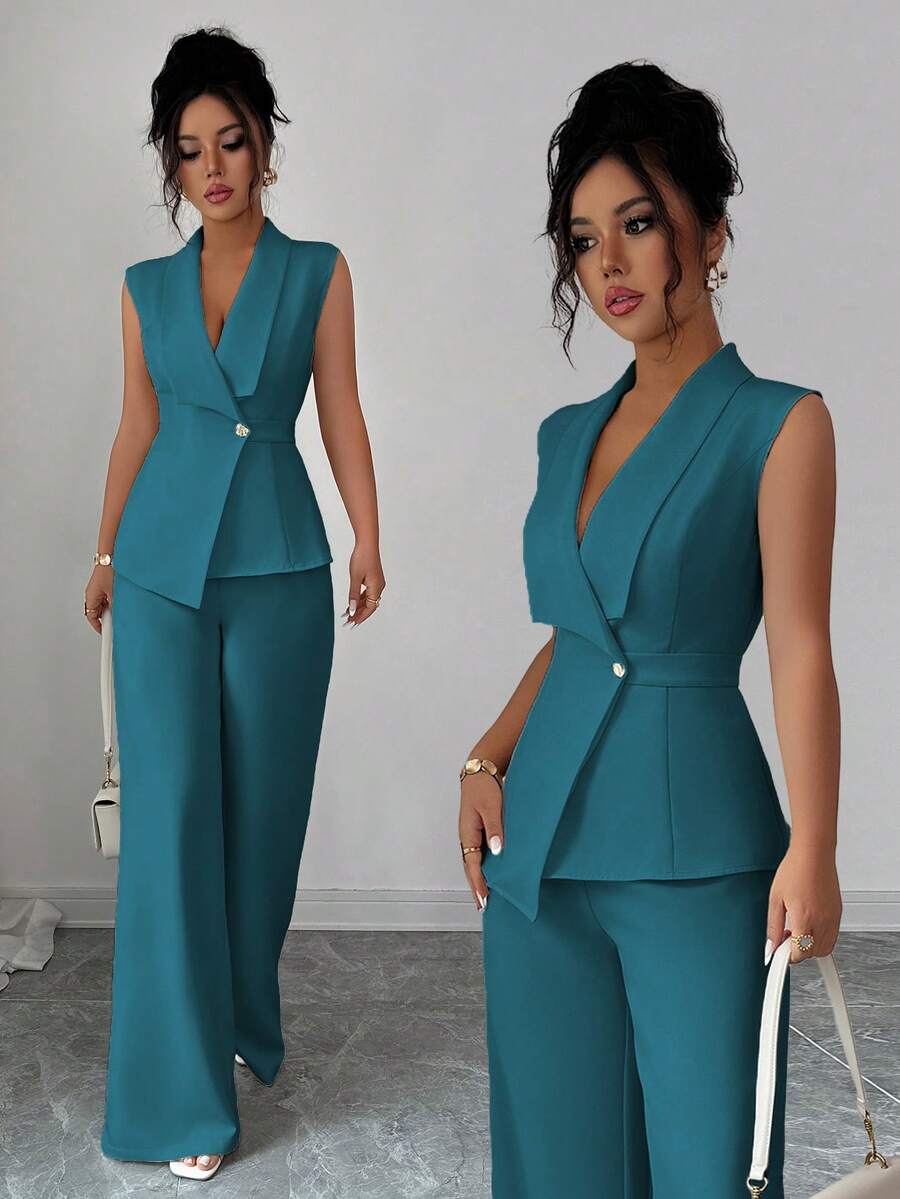 Selianne Conjunto de oficina elegante para mujer, ideal para ir a la oficina o tomar el té por la tarde. Incluye una chaqueta blazer sin mangas con cuello y bajo asimétrico, con decoración de hebilla metálica en la cintura, combinada con pantalones de cintura elástica. Conjunto de 2 piezas, para primavera/verano. - Agua verde azul - Ver 1