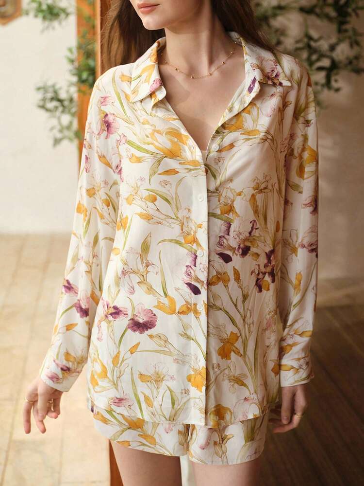 FLORAL PRINT SHIRT & SHORTS PAJAMA SET, SPRING/SUMMER