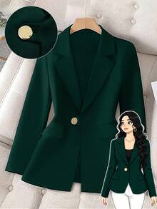GlowEve CURVE Plus Size Casual Single-Breasted Notched Lapel Blazer Jacket, Autumn - Dark Green - View 1