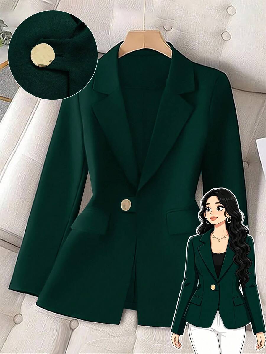 GlowEve CURVE Plus Size Casual Single-Breasted Notched Lapel Blazer Jacket, Autumn - Dark Green - View 1