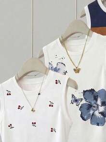 SHEIN LUNE Bộ 3 áo khoác mùa hè cho nữ, màu trắng, xanh navy, kẻ sọc, họa tiết hoa, họa tiết sọc, họa tiết quả anh đào, thích hợp cho mùa tựu trường, mặc thường ngày. - Nhiều màu - Xem 3