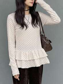 FRIFUL Women's Summer Polka Dot Print Round Neck Long Sleeve Ruffle Hem Blouse - Beige - View 6