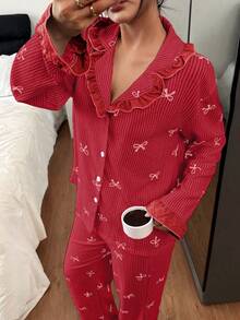 Dream Adore Blue Striped Bow Print Patchwork Contrast Color Lapel Long Sleeve Pajama Set For Women - Red - View 4