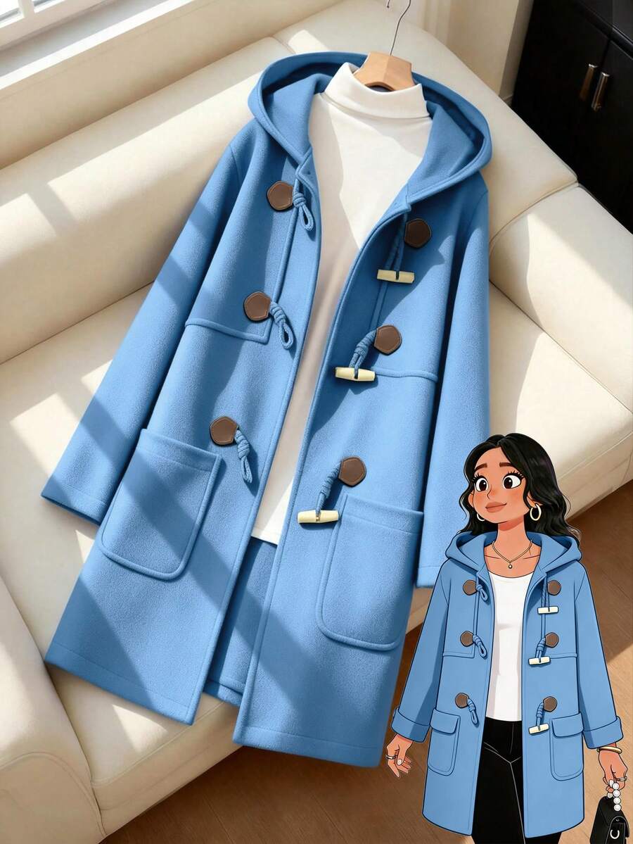GlowEve CURVE Comfortable Plus Size Hooded Duffle Style Overcoat In Knitted Fabric Featuring Convenient Pockets - Baby Blue - View 1