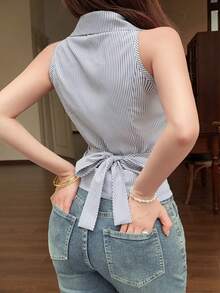 Heiryn Áo sơ mi nữ cổ bẻ thiết kế thắt nút thanh lịch đen trắng kẻ sọc, thích hợp mặc công sở, mùa hè 2026. - màu đen - Xem 2