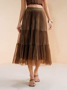 SHEIN Unity Women's Pastal Elegant Girlisim Tulle Skirt, Summer A-Line Tiered Mesh Layered Pleated Hem, Fashionable Resort Vacation Tea Party Golf Outfits - Coffee Brown - View 5