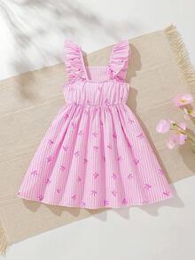 SHEIN Vintaside Kids Đầm bé gái tay loe cổ vuông kẻ sọc dọc, điểm nhấn nơ 3D, họa tiết bướm khắp thân đầm, kiểu Pháp tươi tắn và ngọt ngào, dáng rộng thoải mái, thích hợp cho mùa hè. - Hồng - Xem 3