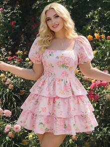 SHEIN MOD Summer Garden Vacation Pink Floral Print Cake Skirt, Puff Sleeve Short Dress, Tiered Mini Dress, Picnic Dresses For Ladies, Tea Party Dress For Women, Pink Floral Dress, Rose Print Dress,Summer Dress ,Festival Outfits For Women Cute Dresses For Women Floral Print Dress - Pink - View 2