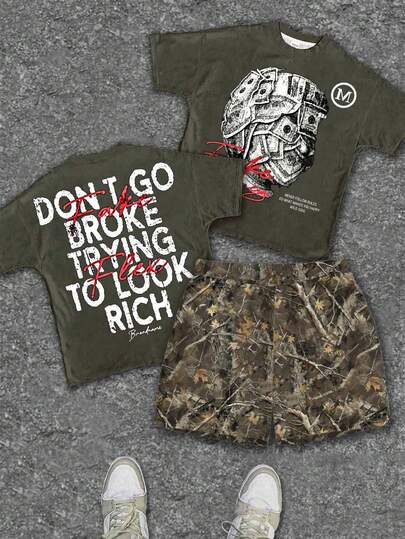 SHEIN Bộ 2 món dành cho bé trai, phong cách tối giản cổ điển, gồm áo thun ngắn tay cổ tròn và quần short in họa tiết, thích hợp cho mùa hè, phong cách Y2K.