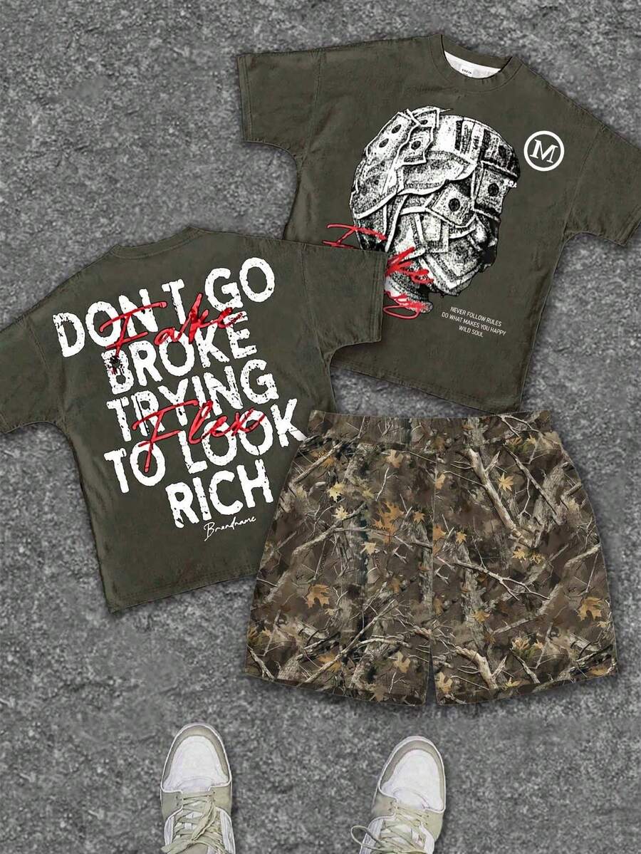 SHEIN 2pcs/Set Young Boy Casual Fashion Portrait & Leaf Branch Print Short Sleeve Round Neck T-Shirt And Printed Shorts,Suitable For Summer,Y2K Style Outfit - Multicolor - View 1