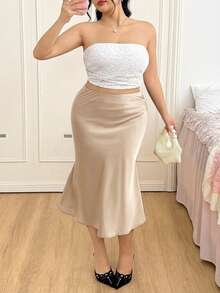 SHEIN EZwear Falda de satén negro de cintura alta, adecuada para fiestas y citas, primavera/verano - Albaricoque - Ver 7