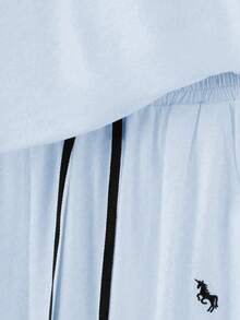 Everyssa 2pcs/Set Women's Fashion Round Neck Embroidered Print Contrast Trim T-Shirt, Casual Elastic Waist Embroidered Wide Leg Pants Set - Multicolor - View 7