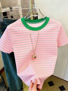 Resyla Women's Short Sleeve T-Shirt With Round Neck And Striped Print, Suitable For Summer Holidays And Everyday Wear - 多色 11 - 查看 3