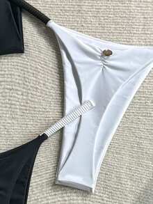 Swim Mod Conjunto de bragas de triángulo con cordón de cuerda de tela de unicolor de primavera/verano 26SS para mujer, conjunto de bikini de cebra de una pieza, traje de baño de una pieza, conjunto de bikinis para mujer, comprar accesorios de traje de baño, trajes de baño de una pieza para mujer, trajes de baño para mujer de cobertura completa - Multicolor - Ver 3