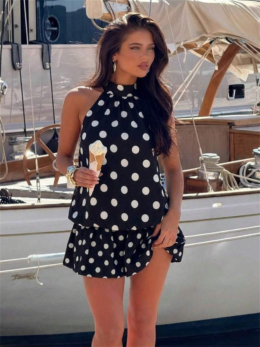 Aloruh Vestido corto de verano con escote halter y espalda descubierta, con estampado de lunares sexy para mujer