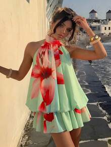 Aloruh Đầm ngắn màu vàng nhạt thanh lịch dành cho nữ, kiểu cổ yếm buộc dây. - màu xanh lá - Xem 8