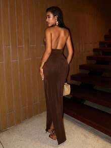 Slaydiva Spring/Summer New Y2K Street Style Sexy Dress - Perfect For Parties, Dinners, Dates, Nightclubs, Nightlife, Travel, Airports, And Vacations. Basic Round Neck Backless Slit Slim Fit Long Dress - A,Summer Dresses For Women - Brown - View 7
