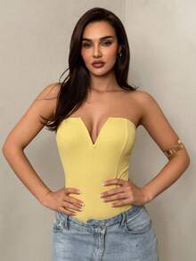 SHEIN Glamour Áo liền thân gợi cảm không dây màu trơn dành cho nữ - Màu vàng - Xem 5