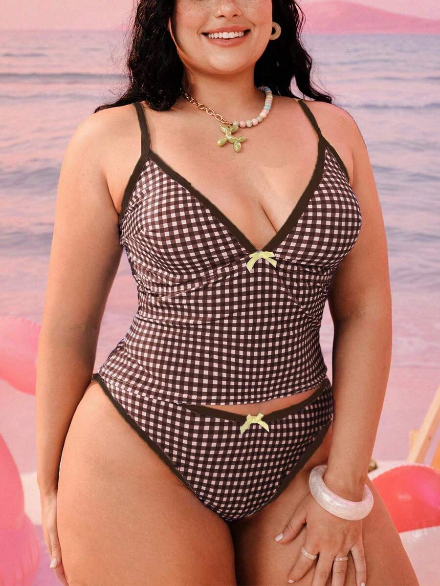 Swim Mod 2026新款加大码女式两件套随机几何印花时尚度假休闲简约显瘦端庄蝴蝶结可调节加粗肩带高腰高开衩三角比基尼泳衣 - 棕色 - 查看 1
