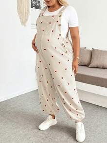 SHEIN Plus Size Maternity Heart Pattern Casual Wide Leg Jumpsuit Vacation Outfits Work Outfits - Apricot - View 5