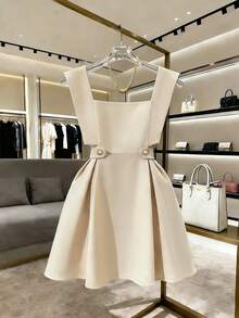SHEIN Franclia 魅力都市时尚百搭优雅商务办公通勤甜蜜浪漫情人节约会派对海滩夏季户外经典休闲街头假日风格无袖A字收腰女装 - 卡其色 - 查看 1