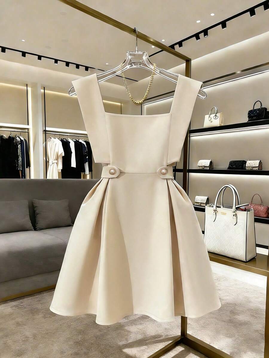 SHEIN Franclia 魅力都市时尚百搭优雅商务办公通勤甜蜜浪漫情人节约会派对海滩夏季户外经典休闲街头假日风格无袖A字收腰女装 - 卡其色 - 查看 1