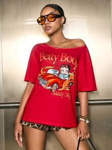 Betty Boop x SHEIN Áo thun nữ tay ngắn dáng rộng, thoải mái, đa năng. - Đỏ - Xem 4