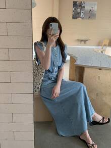 DAZY 女士圆领纽扣半门襟口袋休闲牛仔连衣裙 - 藍色 - 查看 4