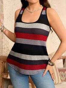 SHEIN LUNE Plus Size Vacation Casual Contrast Striped Slim Fit Tank Top Boho Old Money - Red - View 6