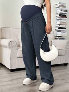 SHEIN Adjustable Waist Pocket Casual Versatile Maternity Pants For Daily Wear - Navy Blue - View 4