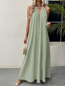 Balvessa Women's Solid Color Simple Daily Wear Swing Neck Halter Dress Maxi Vacation Beach Outfit - Mint Green - View 3
