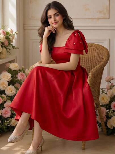 Pitira Đầm dệt màu đỏ trơn thanh lịch dành cho thiếu nữ, điểm xuyết hạt ngọc trai, nơ trang trí và chân váy xòe, thích hợp cho đám cưới, tiệc tùng, sinh nhật và các buổi họp mặt.