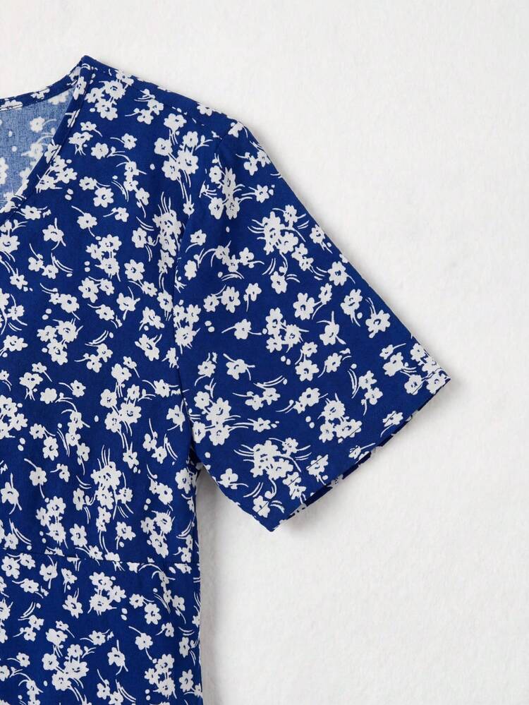 Women's Summer Holiday Floral Printed Short Sleeve Casual Dress With Round Neck