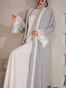 Al Najma Water-Soluble Lace Cardigan, Solid Color Elegant Dubai Style Abaya Robe, Long Sleeve - Grey - View 6