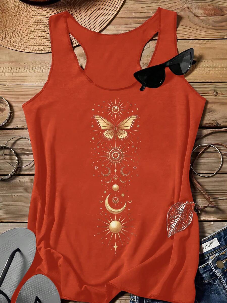 SHEIN LUNE 女士休闲箔片太阳神与蝴蝶瑜伽背心，适合春夏穿着，休闲百搭 - 亮橙色 - 查看 1