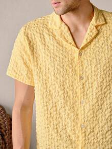 VeloEdit Men's Floral Textured Short Sleeve Single-Breasted Fashion Shirt Old Money, Plain Collar Yellow, With Rib-Knit & Button - Yellow - View 10