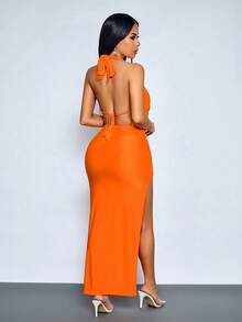 SOLERSUN Đầm ôm sát không tay cổ chữ V sâu màu cam dành cho nữ, xẻ tà, xếp ly, thích hợp cho tiệc tối, có chi tiết xếp nếp, hở lưng, phù hợp cho các sự kiện câu lạc bộ và buổi tối. - trái cam - Xem 2