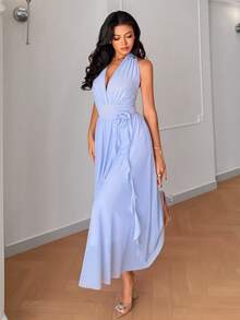 SHEIN Raffinéa 淺藍色優雅夏季婚禮賓客極簡主義掛脖3D花卉設計百搭長款派對洋裝 女款晚宴畢業禮服 - 紫色 - 查看 4