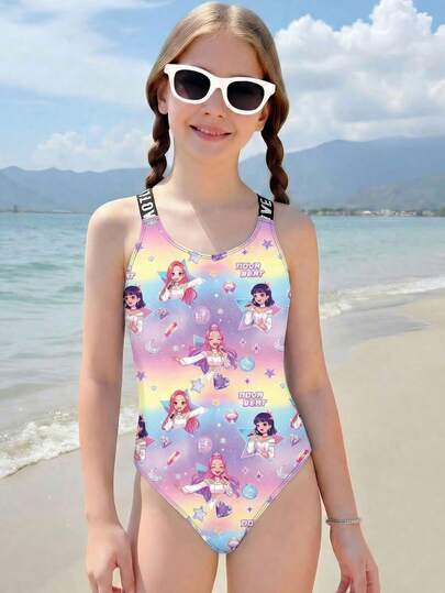 Tween Girls' Summer Beach Vacation K-Pop Cartoon Character Ombre Print Letter Criss-Cross Back One-Piece Swimsuit