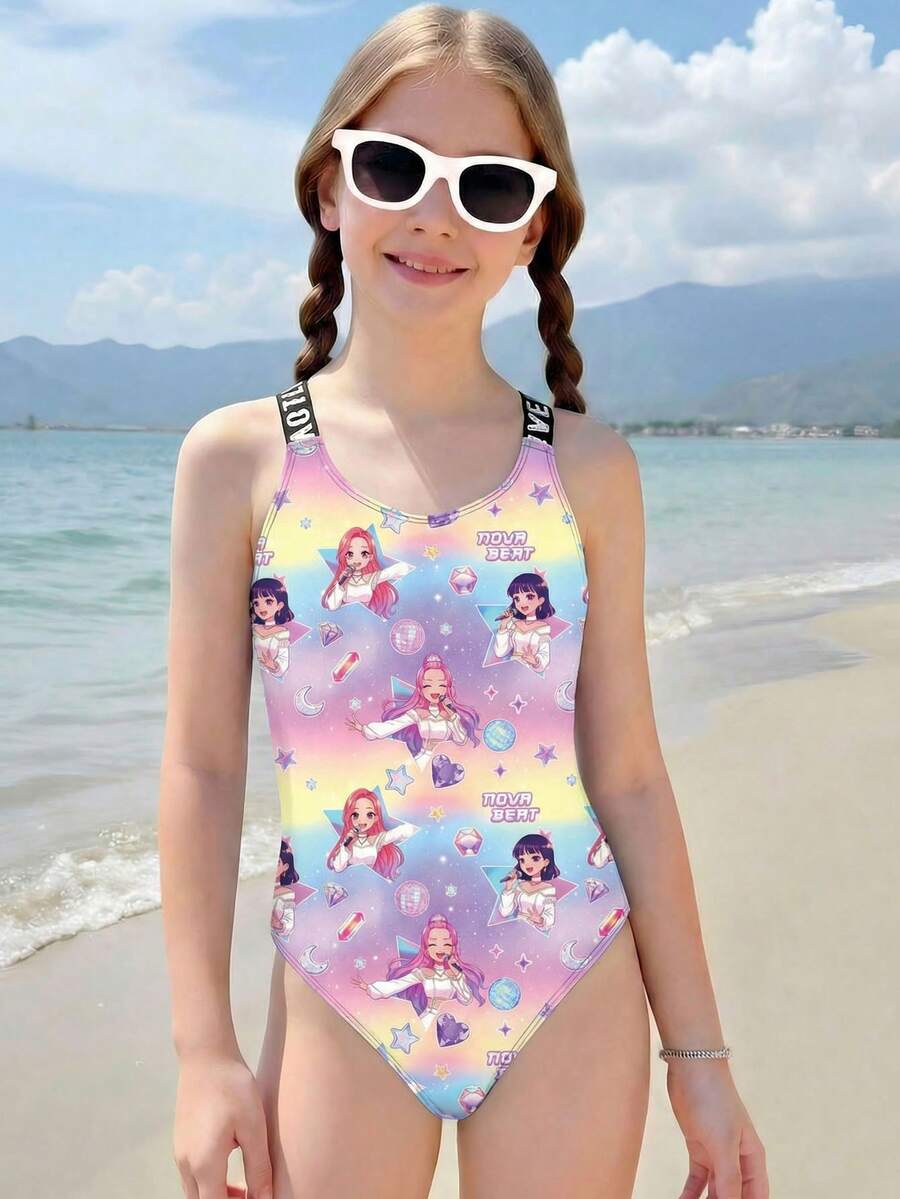 Tween Girls' Summer Beach Vacation K-Pop Cartoon Character Ombre Print Letter Criss-Cross Back One-Piece Swimsuit - Multicolor - View 1