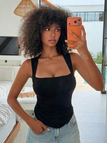 Livesso Áo camisole dệt kim xếp ly duyên dáng có đệm mút dành cho nữ - màu đen - Xem 12