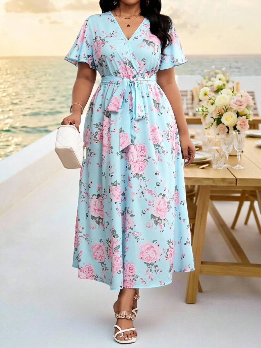 SHEIN Lady 大码女式V领印花系带腰身优雅褶皱中长连衣裙,适合约会、派对、夏季、春季女装、春季连衣裙、复活节连衣裙、节日女装、海滩装、沙滩裙、婚礼宾客连衣裙、毕业礼服、优雅连衣裙、正式礼服、伴娘礼服、婚礼派对连衣裙、春季连衣裙、印花连衣裙、野餐连衣裙、V领裹身连衣裙、优雅派对连衣裙、优雅连衣裙、女士连衣裙、优雅连衣裙、婚礼宾客连衣裙、派对连衣裙 - 彩色 - 查看 1